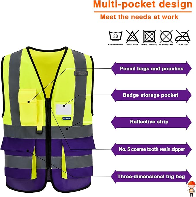 A-SAFETY Yellow purple reflective Working Vest with Zipper Pockets