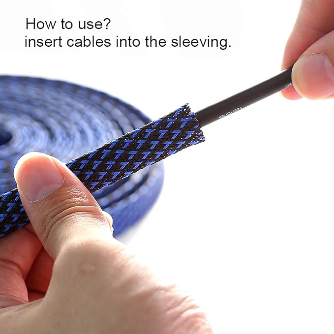 25ft - 1/2 inch PET Expandable Braided Sleeving – BlackBlue – Alex Tech Braided Cable Sleeve