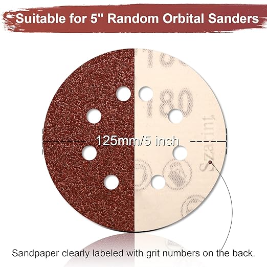 100 PCS 180 Grit 5 Inch Sanding Discs, Hook and Loop Sandpaper for Random Orbital Sander