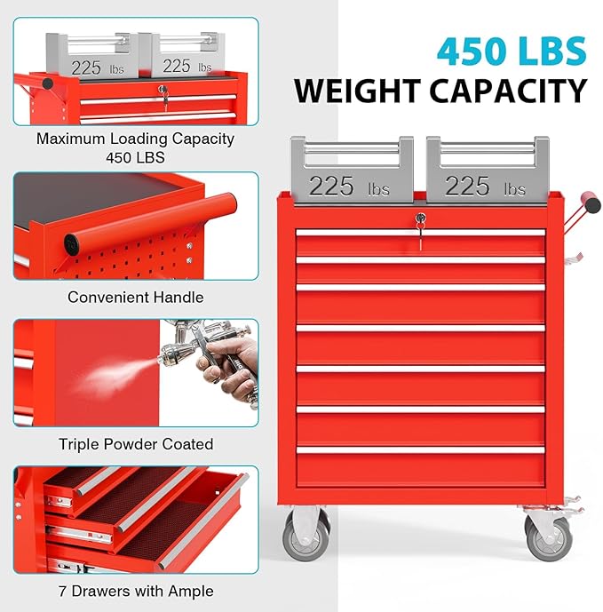 7 Drawers Rolling Tool Chest, Portable Storage Tool Box with Wheels, Tool Chest with Lock for Warehouse, Garage, Repair Shop and Tool Room
