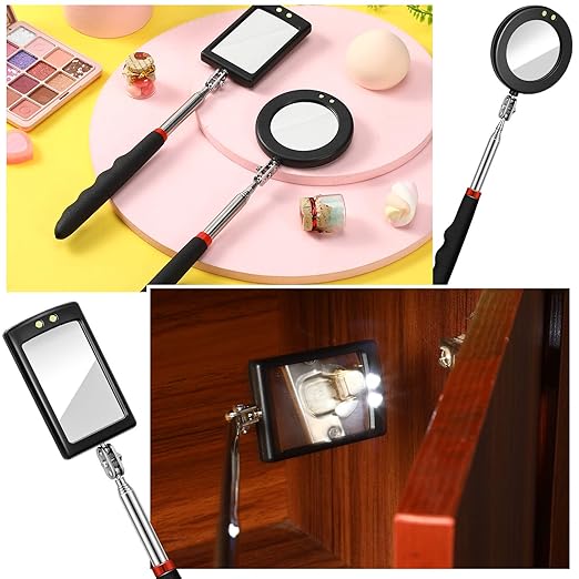 Tatuo 2 Pieces LED Mirror Inspection Telescoping Round Square Mirror Inspection Tool for Check The Condition of Vehicle, Observe The Eyelashes, Mouth and Other Small Parts