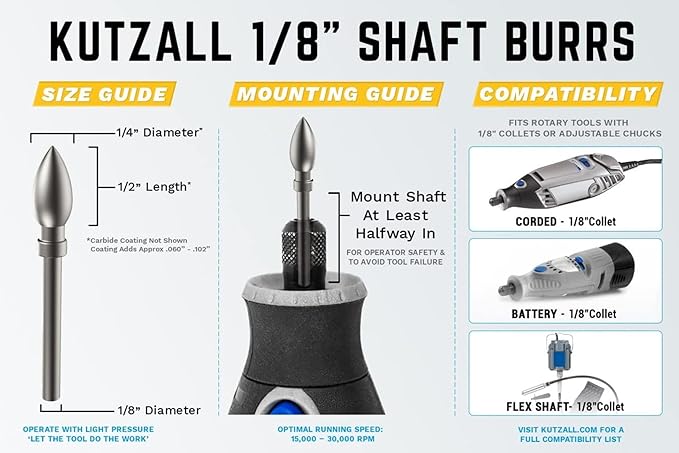 Kutzall 4-Piece Rotary Burr Kit - 1⁄8" Shaft, Very Coarse - Wood Carving Bits for Dremel, Foredom, Ryobi, DeWalt, Milwaukee Tools - Structured Tungsten Carbide