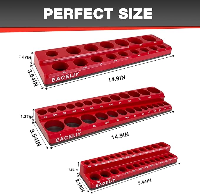 3Pcs 1/2", 1/4" and 3/8" Magnetic Socket Organizer Set,SAE Socket Holder Kit, Socket Trays，holds 68 Deep and Shallow 3/8" Sockets(sockets not included)