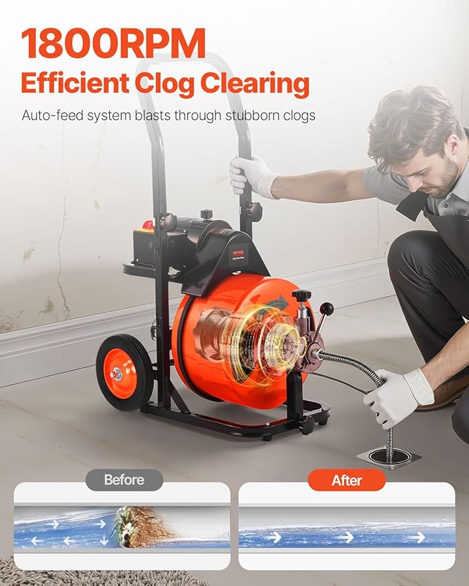 VEVOR Drain Cleaner Machine 75FT x 1/2Inch, Auto Feed Sewer Snake Auger with 4 Cutter & Air-activated Foot Switch for 2" to 4" Pipes, Orange, Black