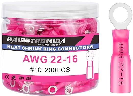 haisstronica 200PCS Heat Shrink Ring Terminals #10 Marine Grade Wire Connectors Red AWG 22-16 Gauge, Tinned Red Copper 0.7mm Resistant Ring Connectors, Brazed-Seam Insulated Electrical Crimp