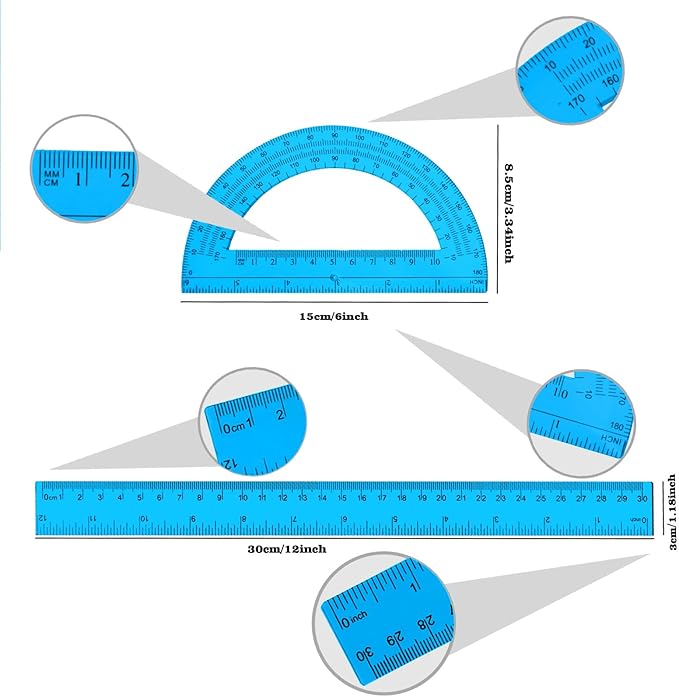 2 Packs 12 Inch Plastic Ruler and 6 Inch Plastic Protractor Set Clear Math Geometry Set Classroom Set Angle Detector School Supplies Classroom Ruler Home Office Drawings (Blue)