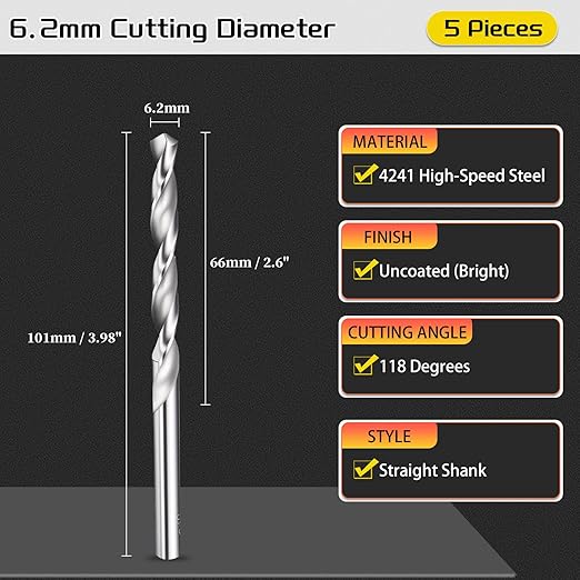 Drill Bit, 6.2mm Cutting Diameter, 4241 HSS 118° Cutting Angle Uncoated Bright Versatile Jobber Bits - (Applications: for Drilling Plastic Wood Soft Metal), 5-Pieces