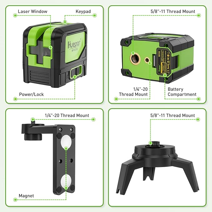 Laser Level with 2 Plumb Dots - Huepar 2 Plumb Points and 2 Cross Line Alignment Laser Level Tool with 180° Wide Angle, 2 In 1 Multi-Use Green Plumb Laser Self Leveling Laser Leveler - 9211G