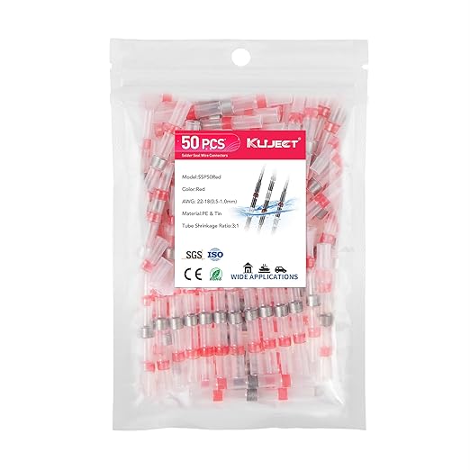Kuject 50PCS Solder Seal Wire Connectors AWG 22-18, Red Solder Seal Heat Shrink Butt Connectors Terminals Solder Sleeve Waterproof Wire Splice Connector for Marine Automotive Boat Wire Joint
