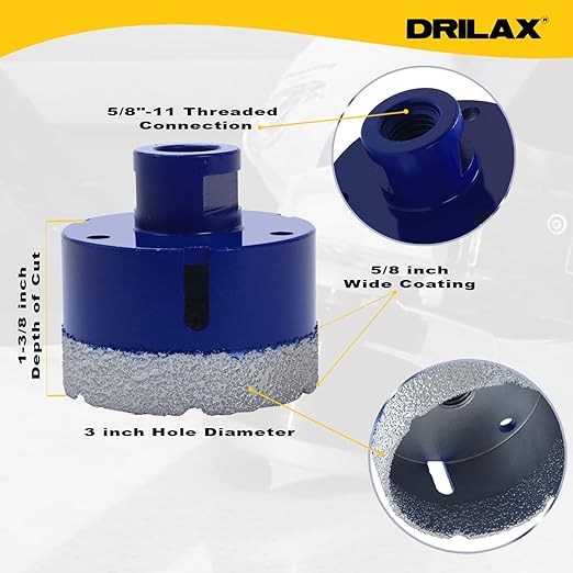 Drilax Pro Series 3 Inch Diamond Hole Saw | for Angle Grinders (5/8"-11 Thread) & Regular Drills (Adapter Incl.) | 1-3/8" Depth | Fast Dry Drilling for Large Pipes, Ducts, Recessed Lights | Long Life