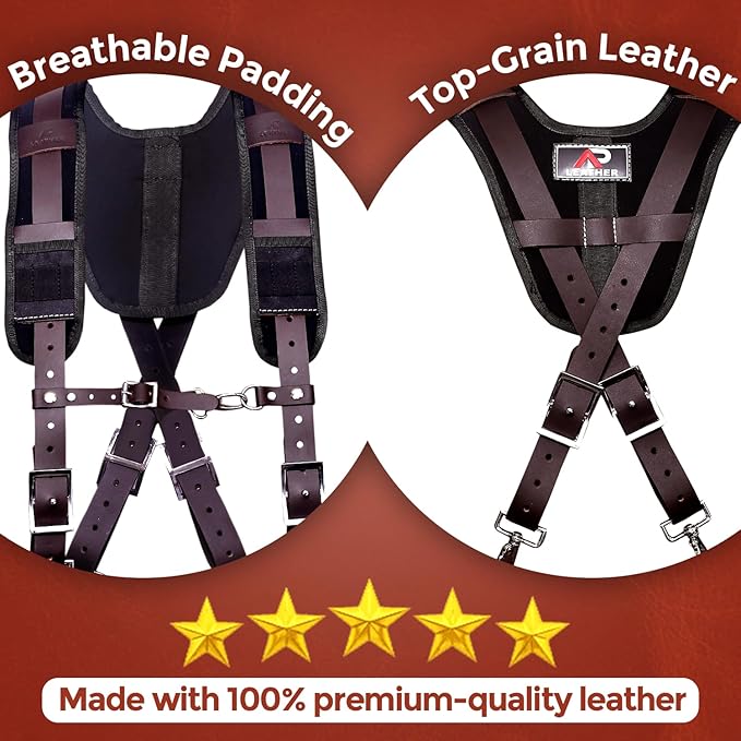 PRO-01 Leather Tool Belts for mens, Tool Belt with Suspenders, Comfort Back Support with stainless steel Buckle for Construction, Framers (Chocolate Padding, Extra Large)
