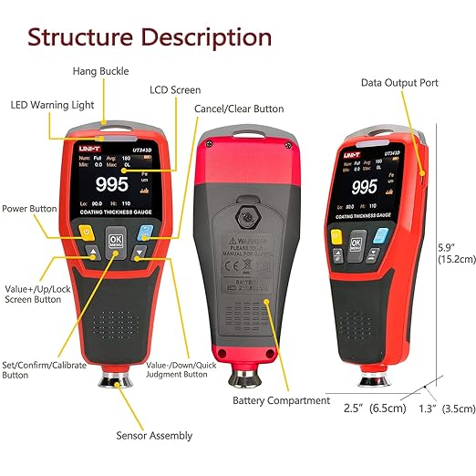 Paint Thickness Gauge for Cars UT343D Upgraded Coating Wet Film Thickness Gauge Paint Correction Precious Metal Tester Tool with Visual Go-NoGo Indicator Auto Rotatable Display