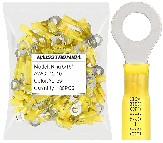 haisstronica 100pcs 5/16" Yellow Marine Grade Heat Shrink Ring Connectors,12-10 Gauge Tinned Red Copper 1mm Ring Terminals Connectors,Brazed-Seam Insulated Electrical Crimp Wire Terminals