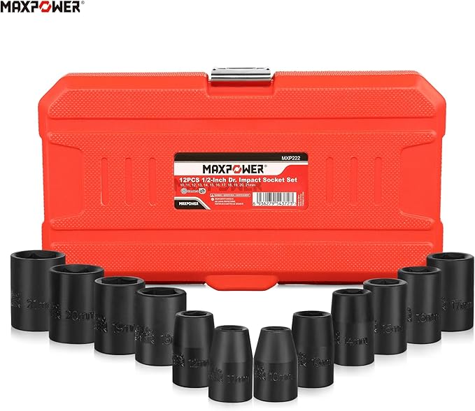 MAXPOWER 1/2" Drive Impact Socket Set, 12 Pieces Metric Impact Sockets, 6-Point Metric Impact Sockets, Cr-Mo Steel, Sockets Size 10 mm to 21 mm, With a Storage Case
