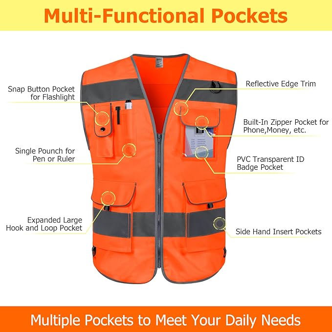 TCCFCCT Reflective Safety Vest 9 Pockets High Visibility Vest for Men Women, Hi Vis Construction Work Vest with Reinforced Sewing, Durable to Use, Meets ANSI/ISEA Standards, (Orange, 5X-Large)