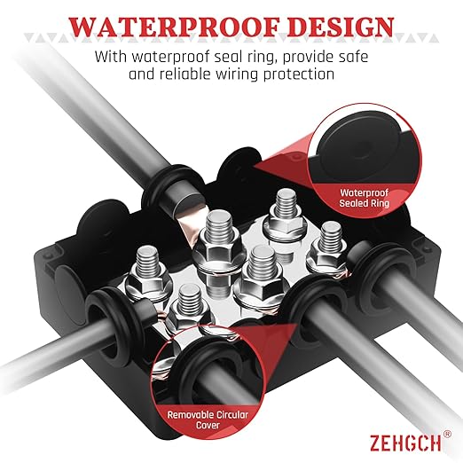 500A Bus Bar - ZEHGCH Weather Proof Power Distribution Block with 4 * 5/16"(M8)+2 * 3/8"(M10) Studs 48V DC - Heavy Duty Automotive Marine Battery Terminal Blocks with Cover - Negative&Positive
