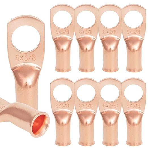 10PCS 6AWG - 3/8''Stud Heavy Duty Copper Terminals,Battery Cable Crimp Lugs,Battery Cable Ends,Bare Copper Eyelets Tubular Ring Terminals,Closed End Crimp Electric Connectors
