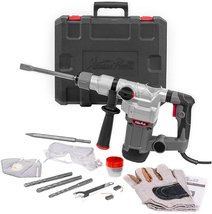XtremepowerUS 1200W Electric Rotary Hammer SDS Plus Drill Swivel Adjustable Handle Drilling With Chisel Flat Bit Set Carrying Case