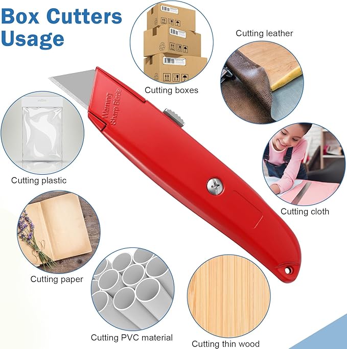 Reginary 30 Pcs Box Cutter Bulk Retractable Blade Utility Knife Heavy Duty Aluminum Alloy Razor Shell Knife for Cartons, Cardboard and Boxes, DIY, Factory, Home(Red)