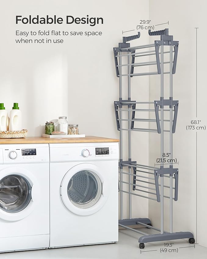 SONGMICS Clothes Drying Rack Stand 4-Tier, Foldable Laundry Drying Rack 68.1-Inch Tall, Steel, Rolling Clothes Horses Dryer Rack, Easy to Assemble, Indoor Outdoor Use, Dove Gray ULLR701G01