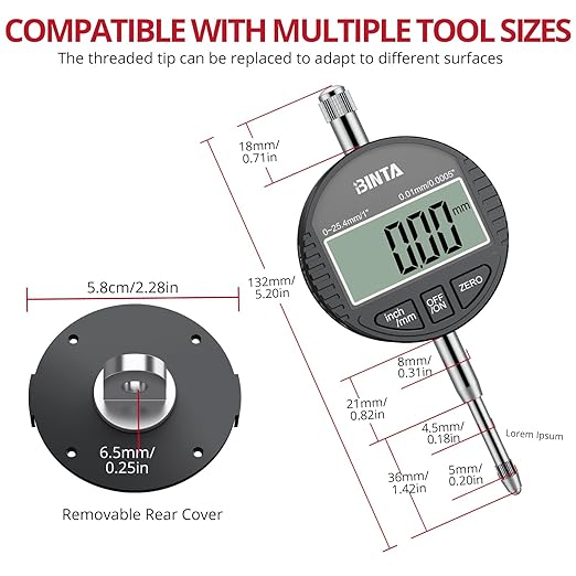 BINTA Digital Dial Indicator 1inch/0.0005inch, LCD Screen Zinc Alloy Digital Indicator with Rear Cover for Industrial,Mechanical, 3D, Laboratory Settings (Black)