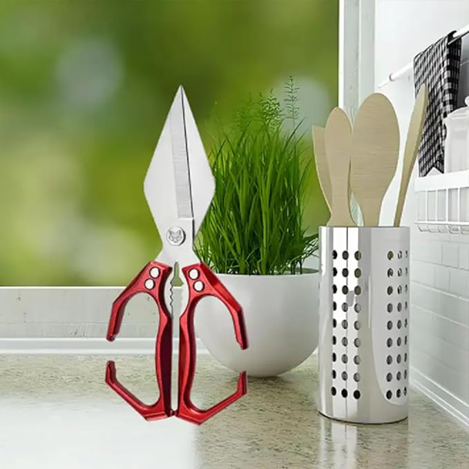 Multi-Purpose Kitchen Scissors,stainless steel scissors,Poultry Shears,Sharpeners Bottle Openers Zester and More Stainless Steel,for opening cans and heavy duty poultry cutting (Red)