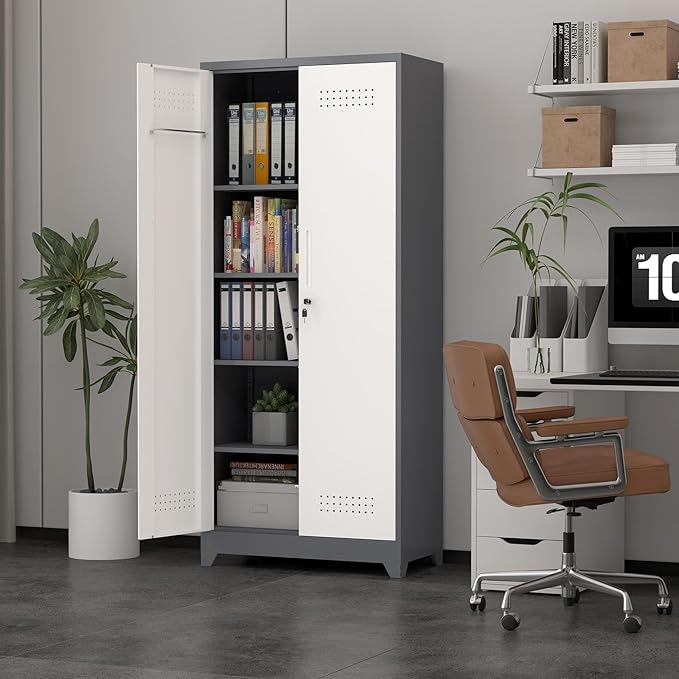 72.8" H Utility Closet Cabinet, Broom Closet Storage Cabinet with Locking Doors, Garage Tool Cabinets with Hanging Rod, Cleaning Storage Cabinets for Garage,Bedroom Office Grey&White