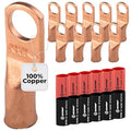 SELTERM 10pcs - 6 Awg - 5/16" Stud - Battery Lugs - Ring Terminal Connectors | with 12pcs 3:1 Black & Red Heat Shrink Tubing with Adhesive | Heavy Duty Battery Cable Ends - Bare Copper Wire Lugs Kit