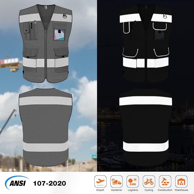 TCCFCCT Grey Safety Vest for Men Women 9 Pockets Mesh High Visibility Reflective Vest for Safety, Work Vest with Reflective Strips, Meets ANSI/ISEA Standards, 5X-Large