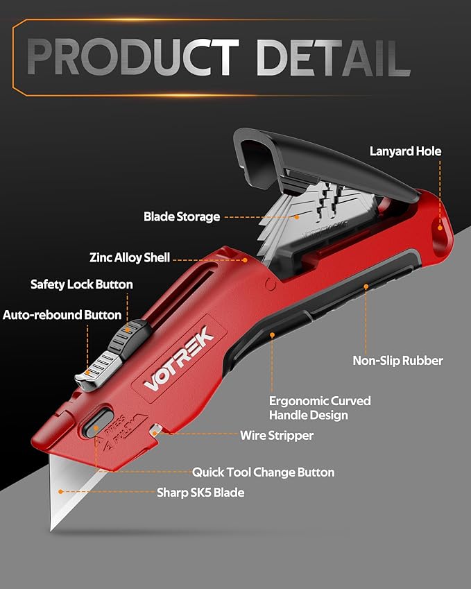 Box Cutter Utility Knife, [2-in-1] Retractable Box Cutter, Heavy Duty Safety Sharp Razor Knife for Home & Warehouse Cardboard, Carpet, [Blade Storage], with Extra Razor & Hook Blades (Red)