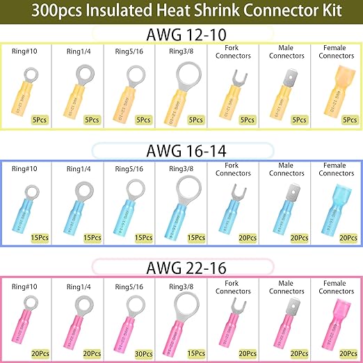 300Pcs Waterproof Heat Shrink Wire Connectors Kit, Automotive Electrical Connector Terminals Kit, Fork Ring and Spade Connectors for Car and Boat (22-10AWG)