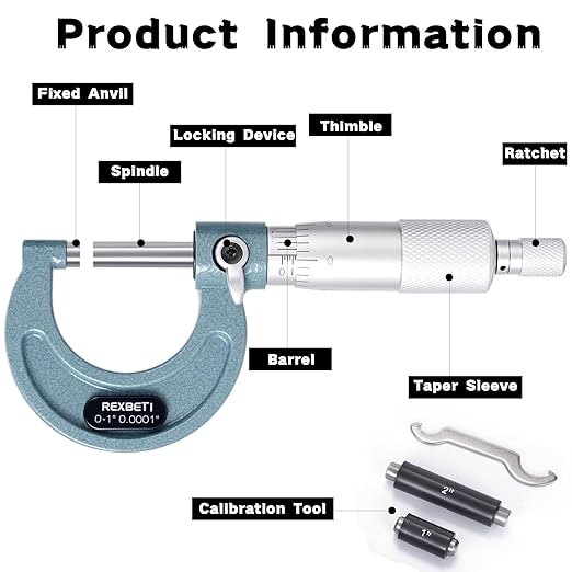 REXBETI 3Pcs Outside Micrometer Set, 0-3" Machinist Micrometer, Ultra-Precision Carbide Tipped Measuring Tool Set, 0.001" Graduation, +/-0.0001" Accuracy, Protective Case