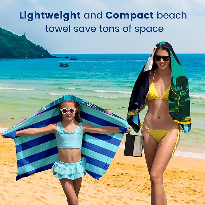 2 Pack Microfiber Beach Towel Oversized 71"x32" Sand Free Quick Dry Absorbent Lightweight Thin , Compact Towels for Travel Swimming Pool Yoga Gym Camping Beach Accessories Vacation Essentials Gift