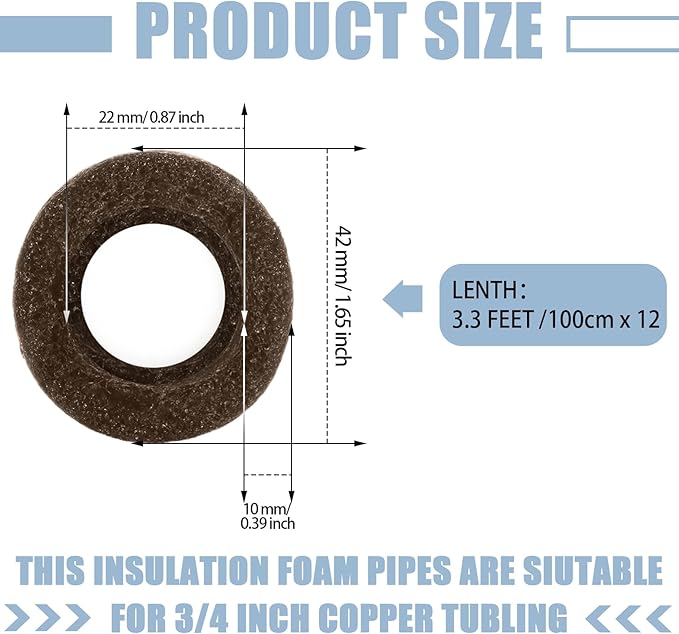 Amylove 12 Pcs 3.3 Feet Foam Pipe Insulation Foam Tube Insulating Water Pipe Pool Swim Noodles Heat Preservation Pipe Covers for Tubing Outdoor Freeze Protection (Brown,3/4 Inch)