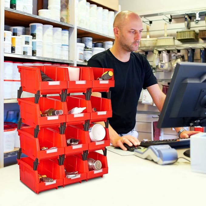 Shop Stackable Organizer Bins Parts Bin Shelf Storage Bin Garage storage bins(Red,Pack of 12)