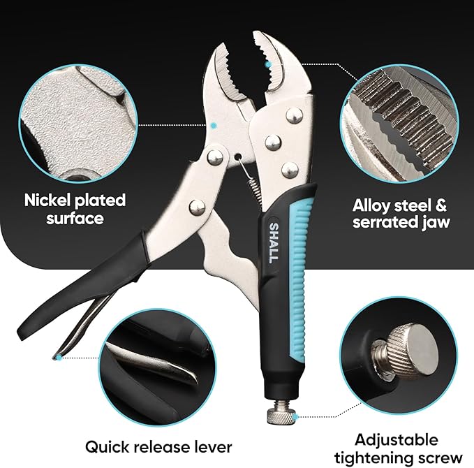 SHALL 6-Piece Locking Pliers, Vice Grips Pliers Set, 5",7" & 10" Curved Jaw Locking Pliers, 6-1/2" & 9-1/2 Long Nose Locking Pliers, 6" Locking C-Clamp, Two-Color TPR Handle, Roll Up Pouch Included
