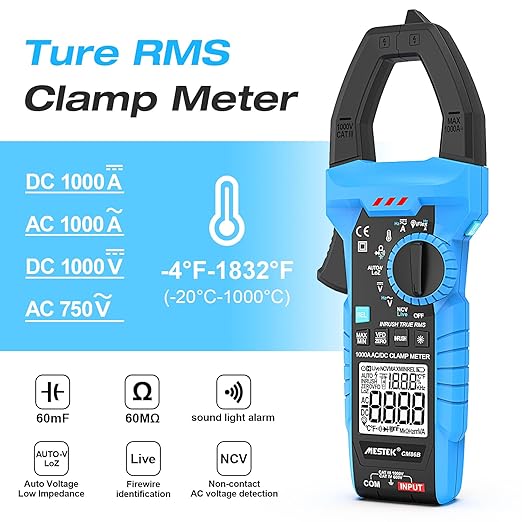 MESTEK Digital Inrush Clamp Meter Multimeter 1000A T-RMS 6000 Counts Voltage Tester Volt Amp Meter with VFD, LOZ Mode, Measuring AC DC Current Voltage Temperature Capacitance Resistance Continuity