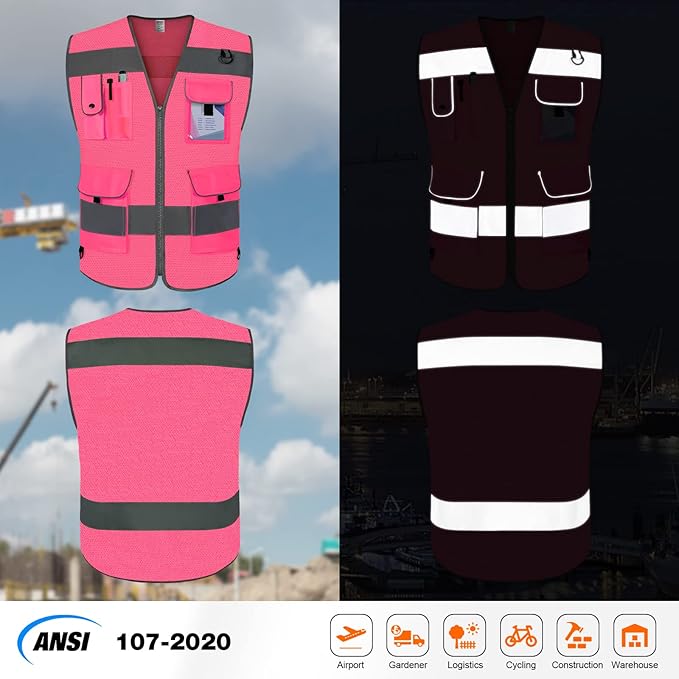 TCCFCCT Mesh Safety Vest for Men Women 9 Pockets High Visibility Reflective Vest for Safety, Work Vest with Reflective Strips, Meets ANSI/ISEA Standards, (Pink, X-Large)