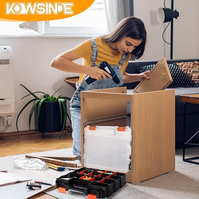 Double Side Tool Organizer, Hardware Storage Box, 34-Compartments Small Parts Organizer with Removable Dividers for Screws, Nuts, Nails, Bolts