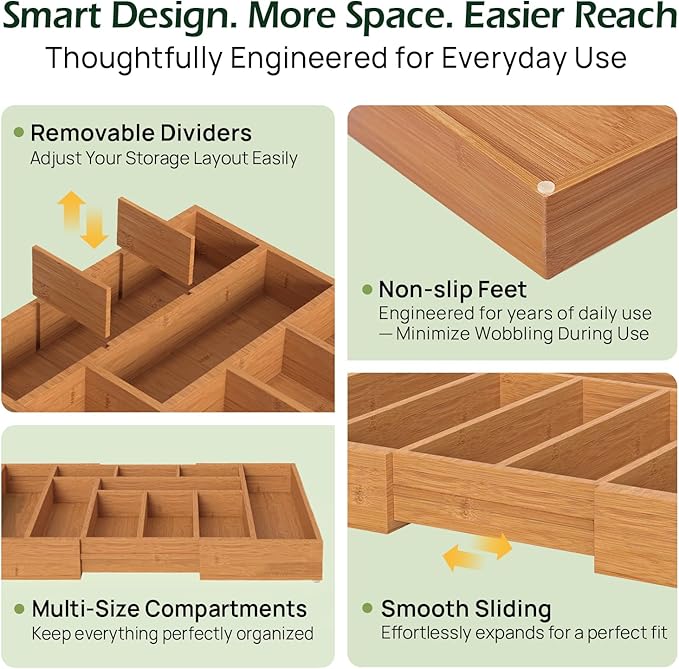 Carbonized Bamboo Kitchen Drawer Organizer, 8-10 Slots Expandable Silverware Organizer, Utensil Holder & Cutlery Tray, 2.2" Deep for Extra Capacity, Non-Slip Feet Included