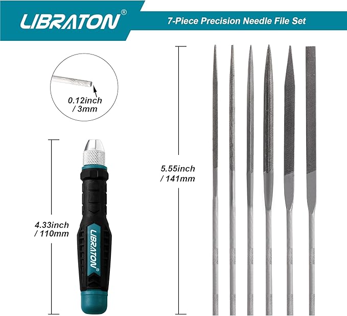 LIBRATON Needle File Set Interchangeable, Small Mini Wood Metal Files, 6PCs Steel With Handle for Precision Work, Woodworking, Plastic Carving, Craft Tool
