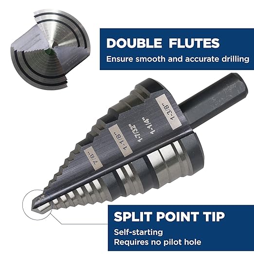 1/4 to 1-3/8 Inches M2 HSS Step Drill Bit for Metal, Plastic, Wood, Aluminum, Heavy Duty Unibit with Multi Hole Sizes