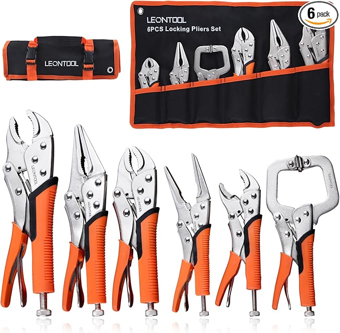 6-Piece Locking Pliers Set, Vice Grips Pliers Set, 5", 7" and 10" Curved Jaw Locking Pliers, 6-1/2", 9-1/2" Long Nose Locking Pliers 6" Locking C-Clamp for Welding Metal Bending Woodworking