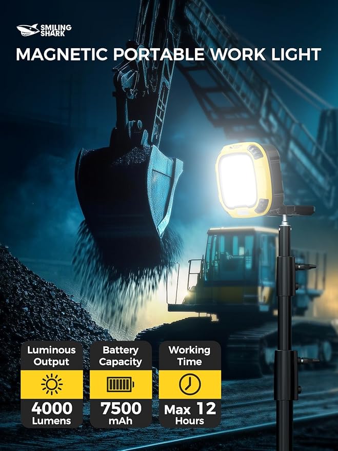 Smiling Shark Working Light, LED Work Light 4000 Lumen 18 Light Mode USB Rechargeable Portable Magnetic Waterproof Drop Resistant Cordless Worklight Job Site Lighting for Garage Repair Camping Outdoor