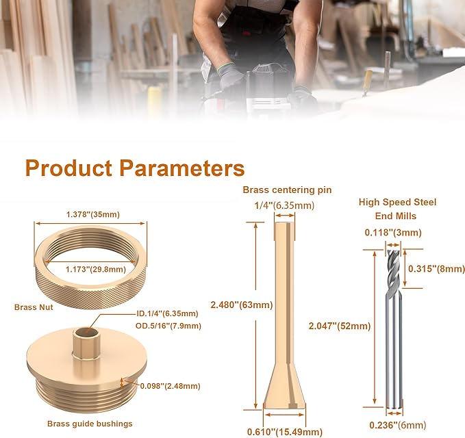 1/4"(6.35mm) Solid Brass Routing Guide Bushing for Router Templates, Alignment Pin, HSS End Mill Bit 15/64"(6mm) Shank, Perfect for 1/4" Mill Routing Bushing Template Use