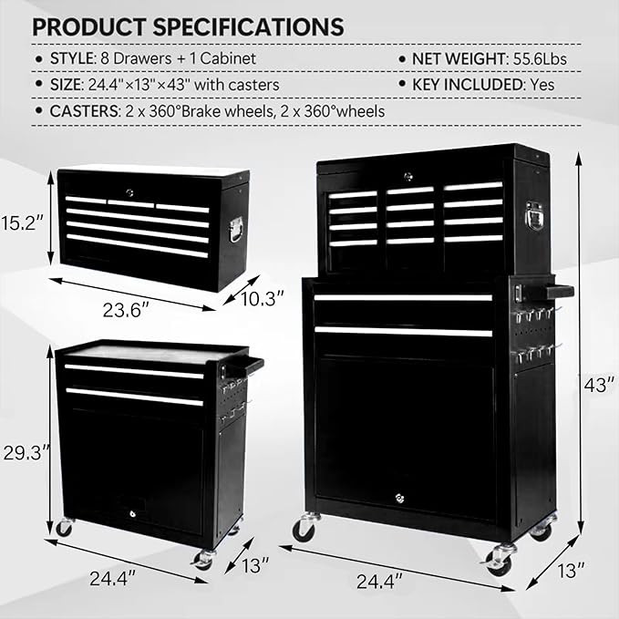 Rolling Tool Chest - 8 Drawers Tool Box Organizer with Lockable Wheels, Sliding Drawers, Detachable Top Tool Box - Tool Storage Cabinet for Garage Workshop, Black