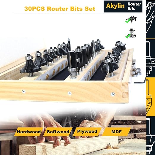 30pcs Router Bits Set,1/4" Shank Router Bit Big Collection 30-Piece Bits with Wooden Case,for Wood Edging,Trimming,Veining,Boring Tenon and Grooving,Carpenters' DIY Gift