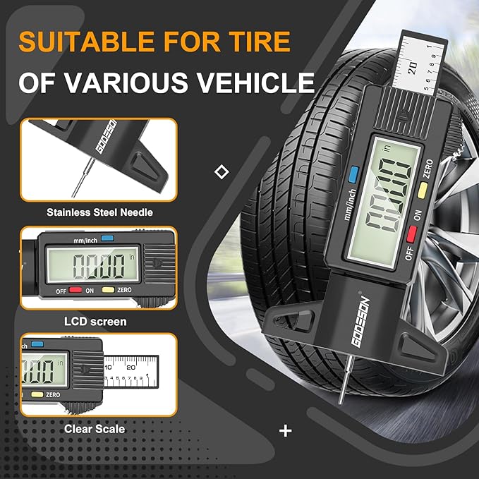 GODESON Digital Tyre Tread Depth Gauge UK,0-25.4 Mm Inch Tyre Guage Digital with Large LCD Display and Tire Tread Depth Measuring Tool for Cars,Trucks,Moto