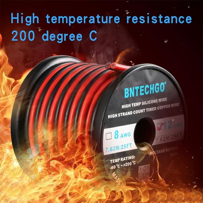 BNTECHGO 12 Gauge Flexible 2 Conductor Parallel Silicone Wire Spool Red Black High Resistant 200 deg C 600V for Single Color LED Strip Extension Cable Cord,Model,25ft Stranded Tinned Copper Wire