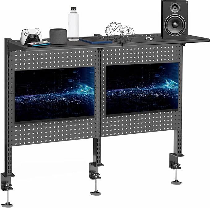 VIVO Steel Triple Clamp 47 x 31 inch Desk Pegboard System with 2 Monitor Mounts and Storage Shelf, Fits up to 32 inch Screens, Office Accessory Organizer, Black, PP-DK48SB